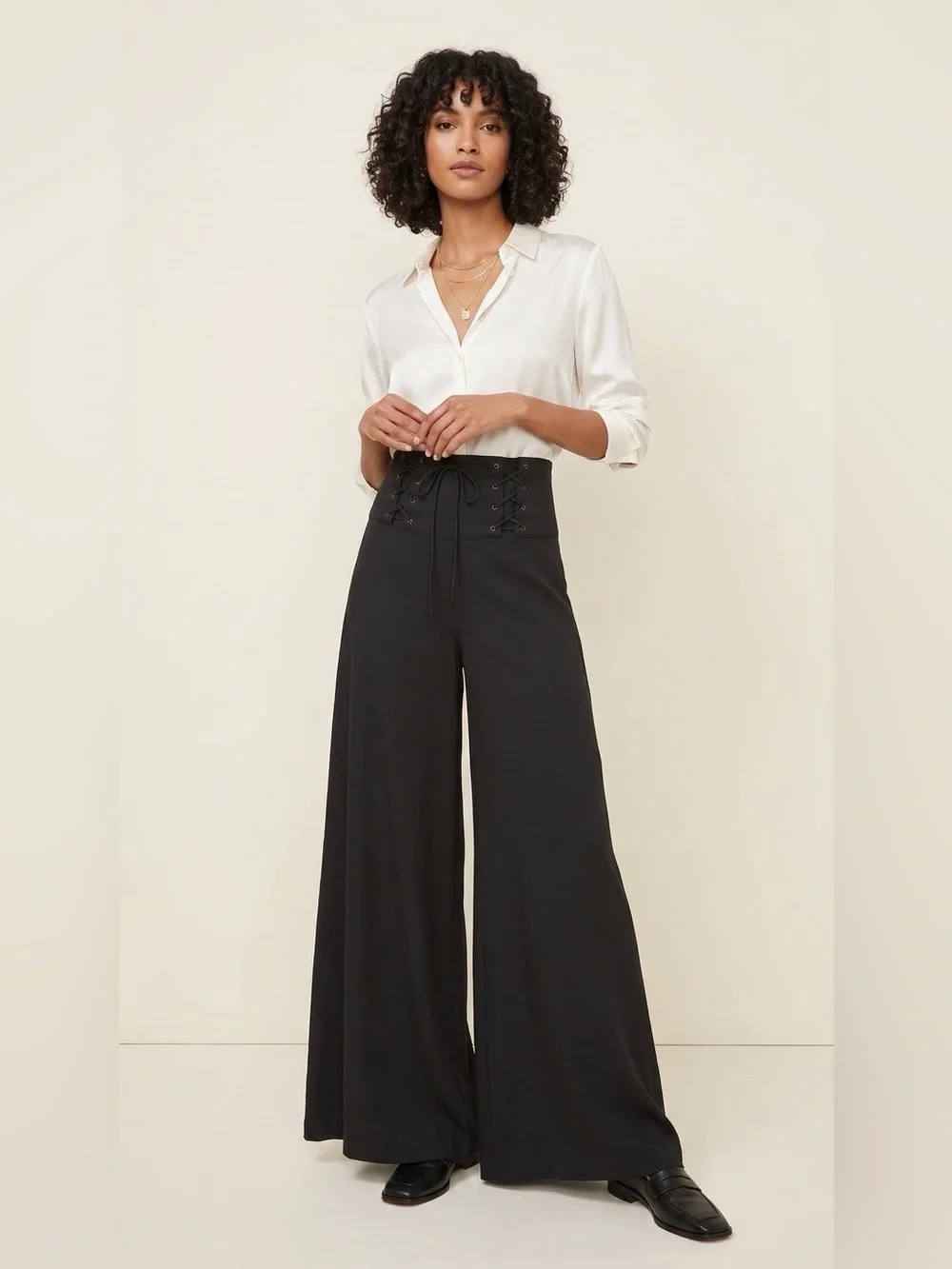 Sparkle & Fade Flowy Black High-Waist Lace-Up Wide Leg Pants Size 8